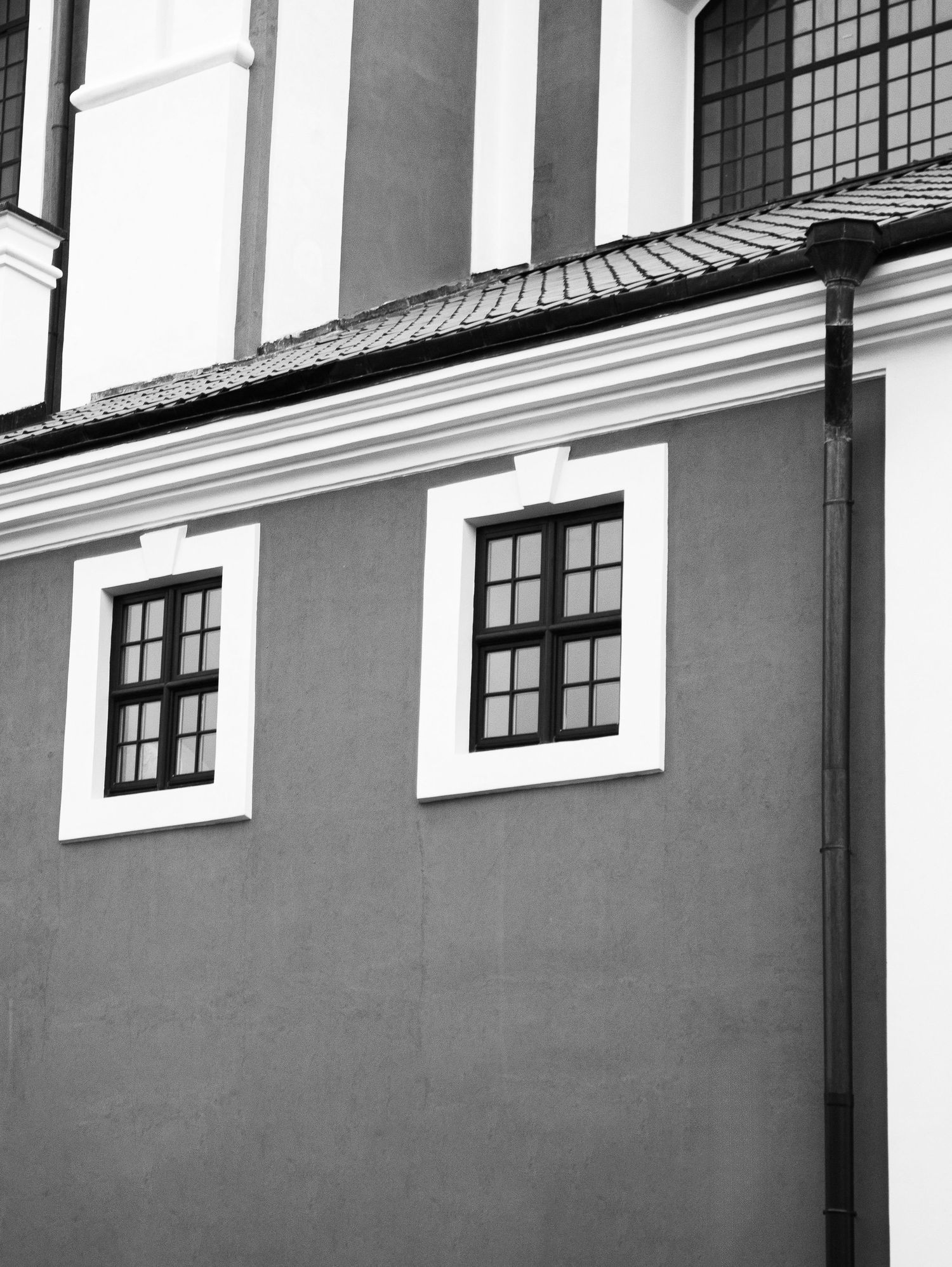 Black and white image of a classic building exterior with white-framed grid windows on a smooth wall.
