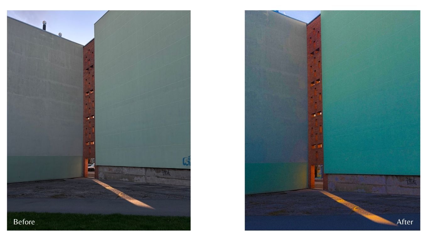 Before and after photo editing comparison of a building exterior, showing color grading transformation from natural to teal tones.