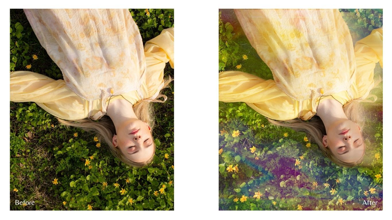 Woman in yellow dress lying on green grass with colorful flowers, shown in before and after photo editing comparison.