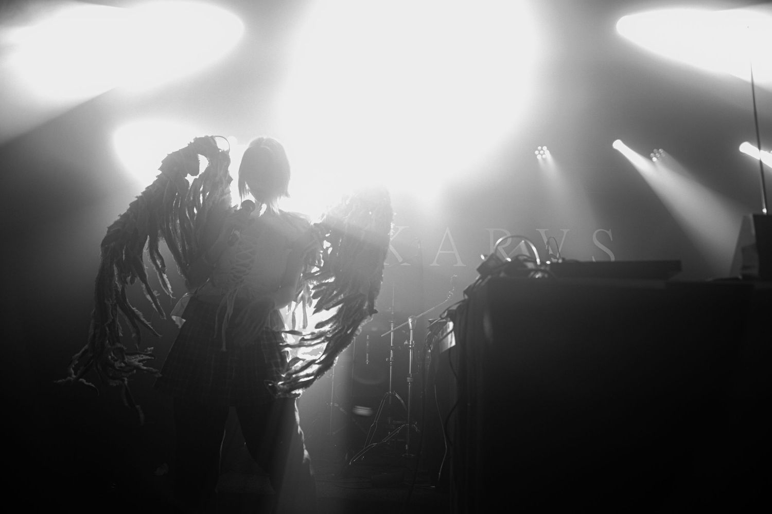 Black and white concert photo of silhouetted performers on stage with dramatic backlighting and smoke effects.