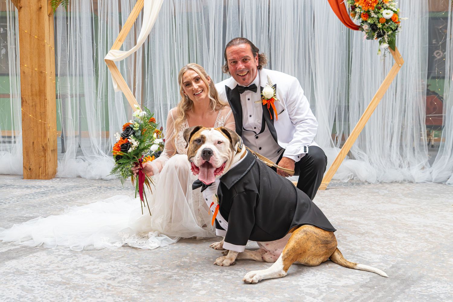 Bride and groom pose with their bulldog dressed in a tuxedo at their wedding ceremony under a floral arch.