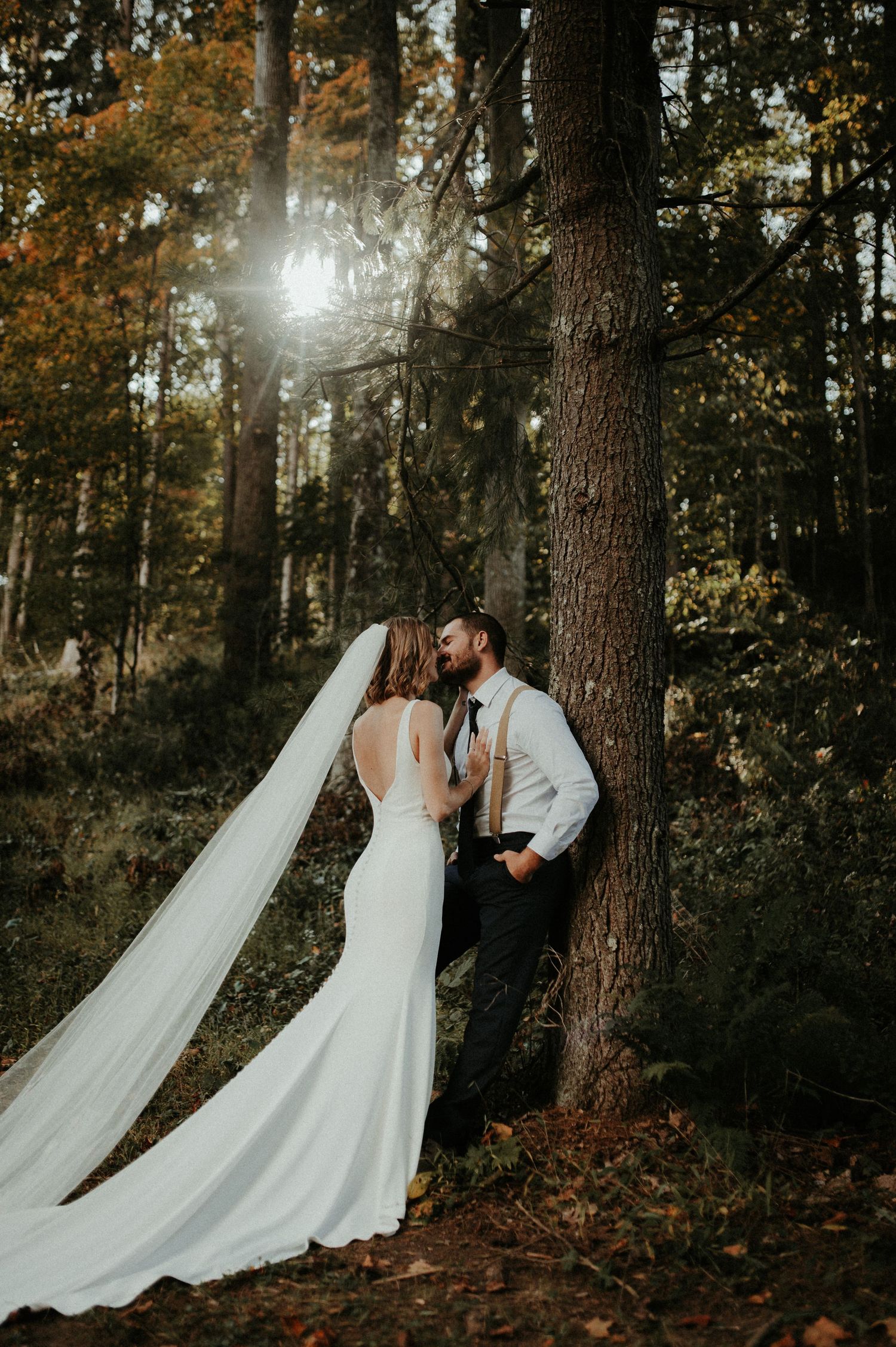 A romantic wedding portrait of a couple against sunlit trees in an autumn forest. Pittsburgh Wedding Photographer