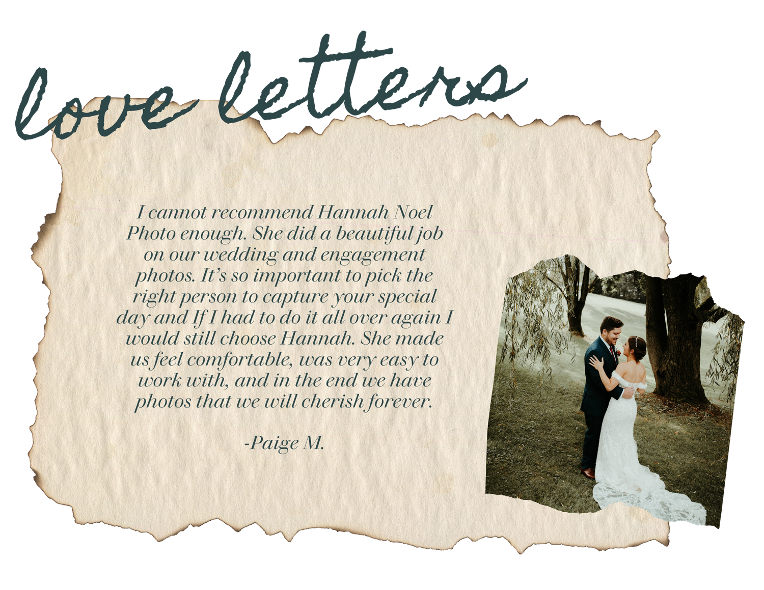 Wedding-themed love letter with testimonial and outdoor portrait.