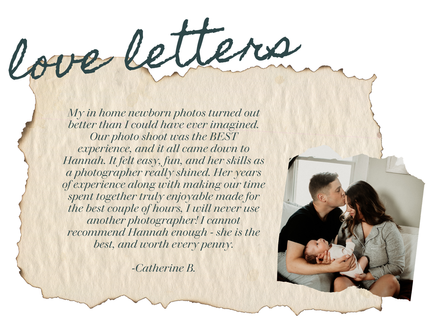 Torn paper love letter design featuring text and an intimate table scene with coffee cups.