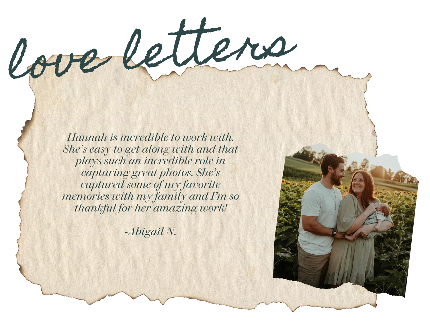 A warm testimonial on aged paper with sunset photo.