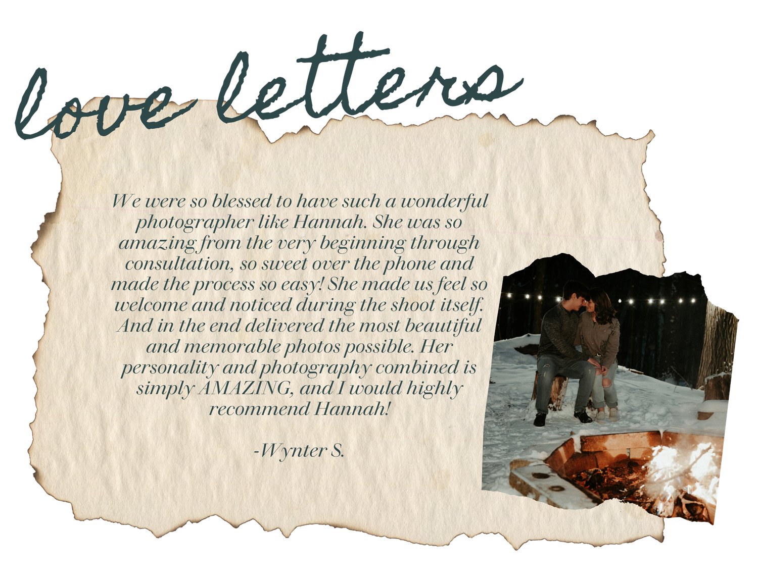 Love letter testimonial with string lights and outdoor gathering scene.