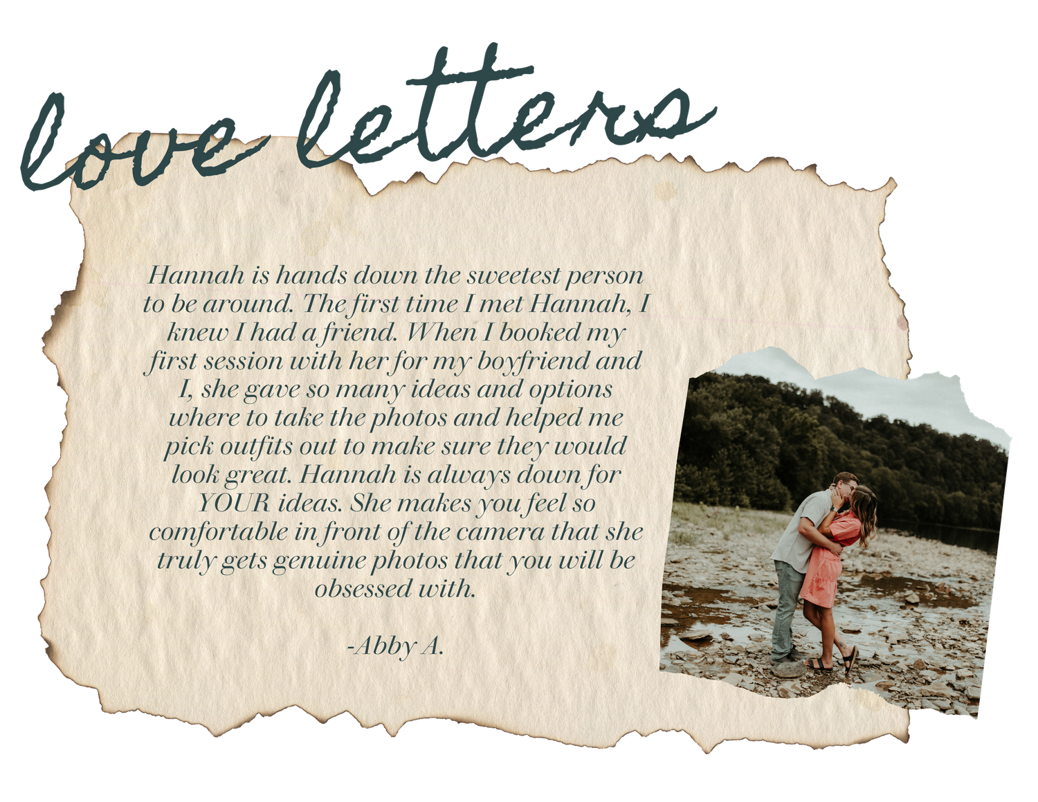 Vintage-style love letter with beach photo and handwritten testimonial.