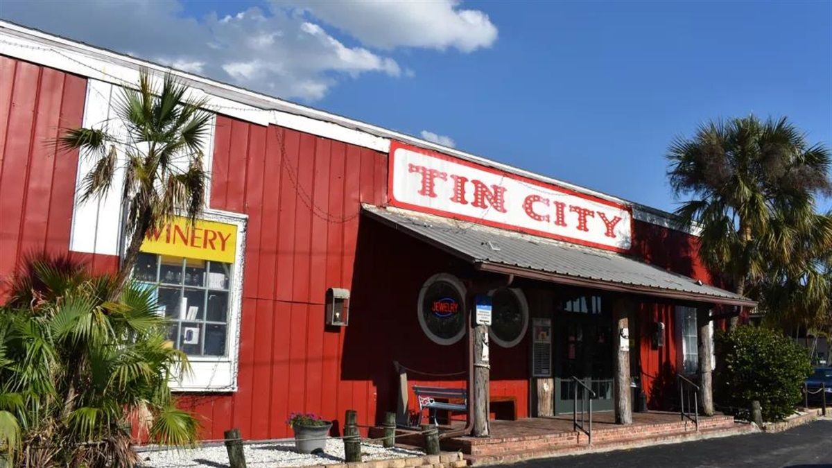 A panoramic view of red-painted commercial buildings with palm trees and blue sky in a small town shopping area.