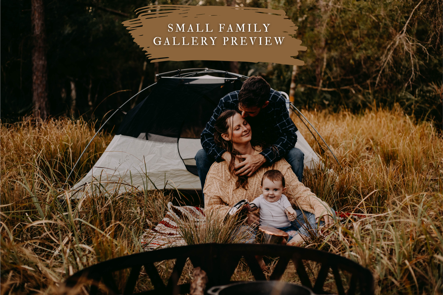 A collection of candid family lifestyle photos showing outdoor moments at sunset in a rustic setting.