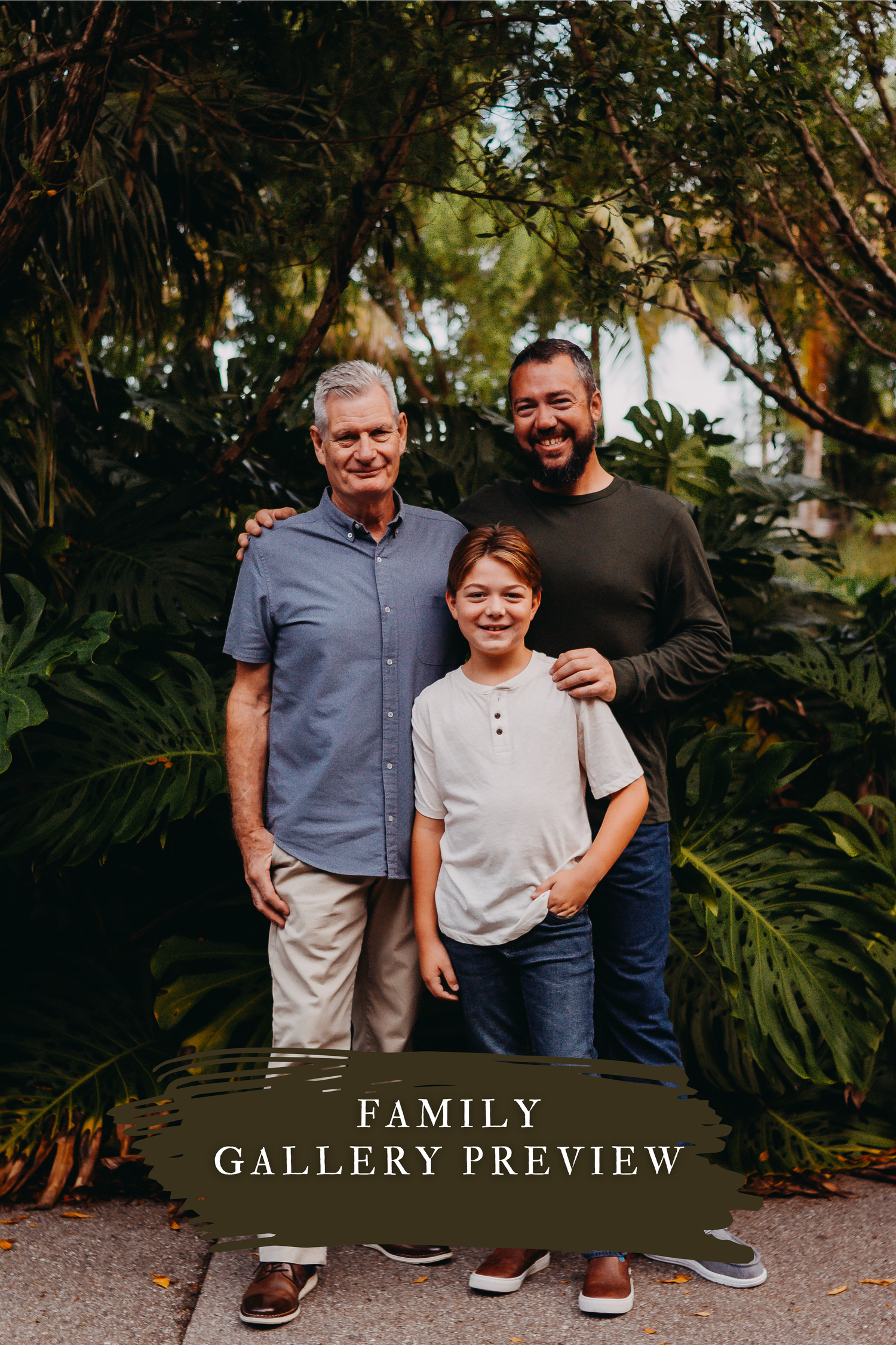 Three generations pose together outdoors against a lush tropical garden backdrop with text reading Family Gallery Preview.