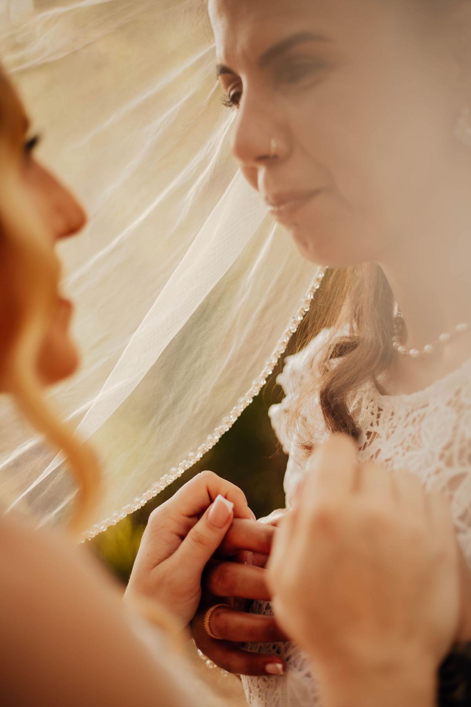 A delicate bridal veil is lifted in a sequence of soft-focus romantic wedding photographs.