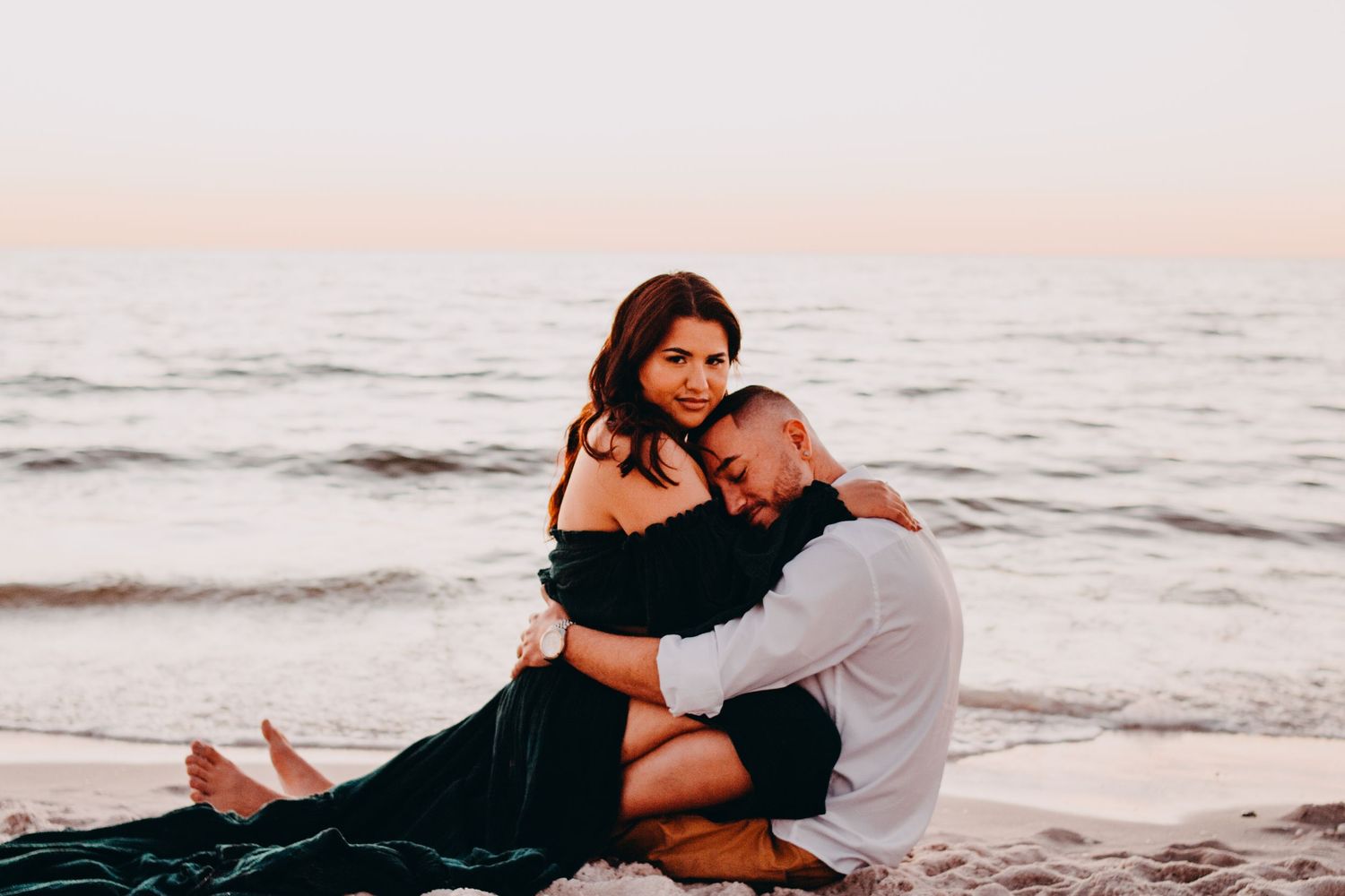 A series of romantic beach photos showing couples embracing at sunset along the shoreline.