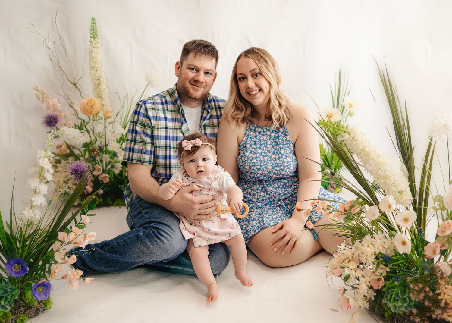 A sequence of candid lifestyle photos featuring floral arrangements, plaid patterns, and a soft neutral backdrop with natural decor.