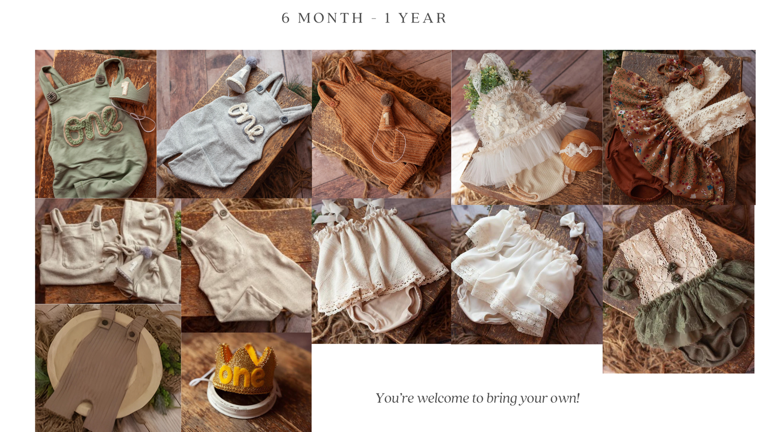 A collection of neutral-toned baby clothing essentials arranged in a grid layout showing onesies, sleepers, and accessories.