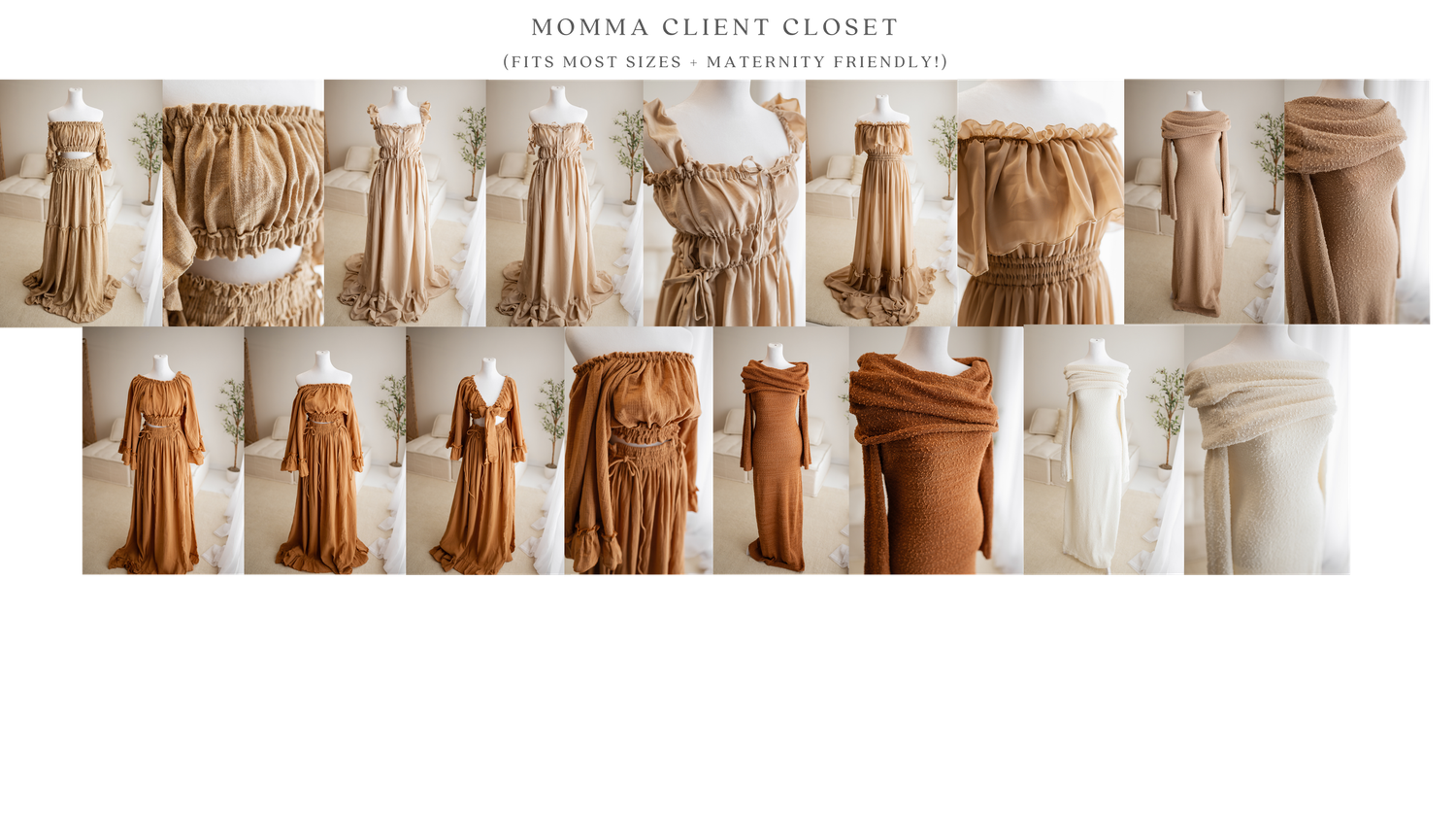 Mannequins wearing beige and cream colored dresses displayed in a row at a retail store.