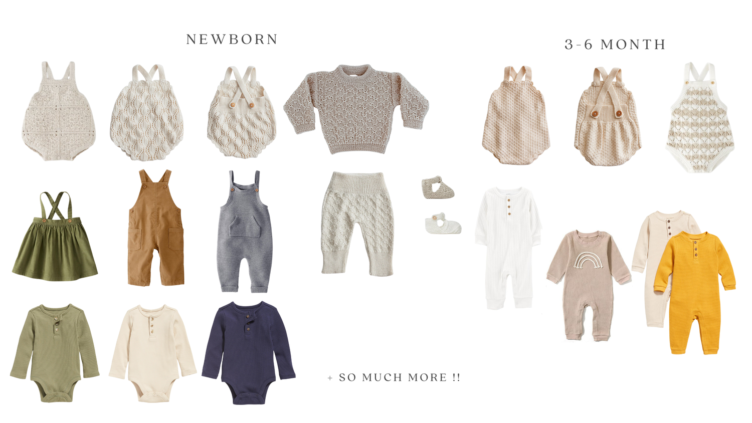 A collection of neutral-toned baby clothing items including rompers, sweaters, pants and bodysuits laid out in a flatlay style.