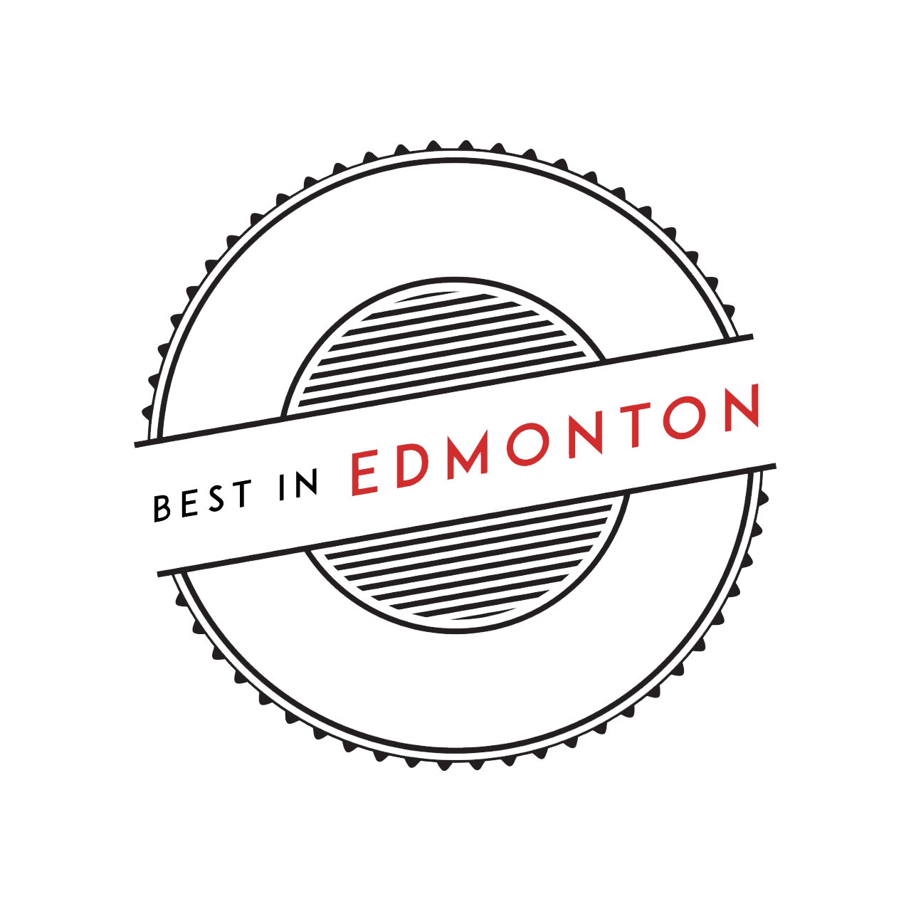 Black and red circular Edmonton logo design on dark background.