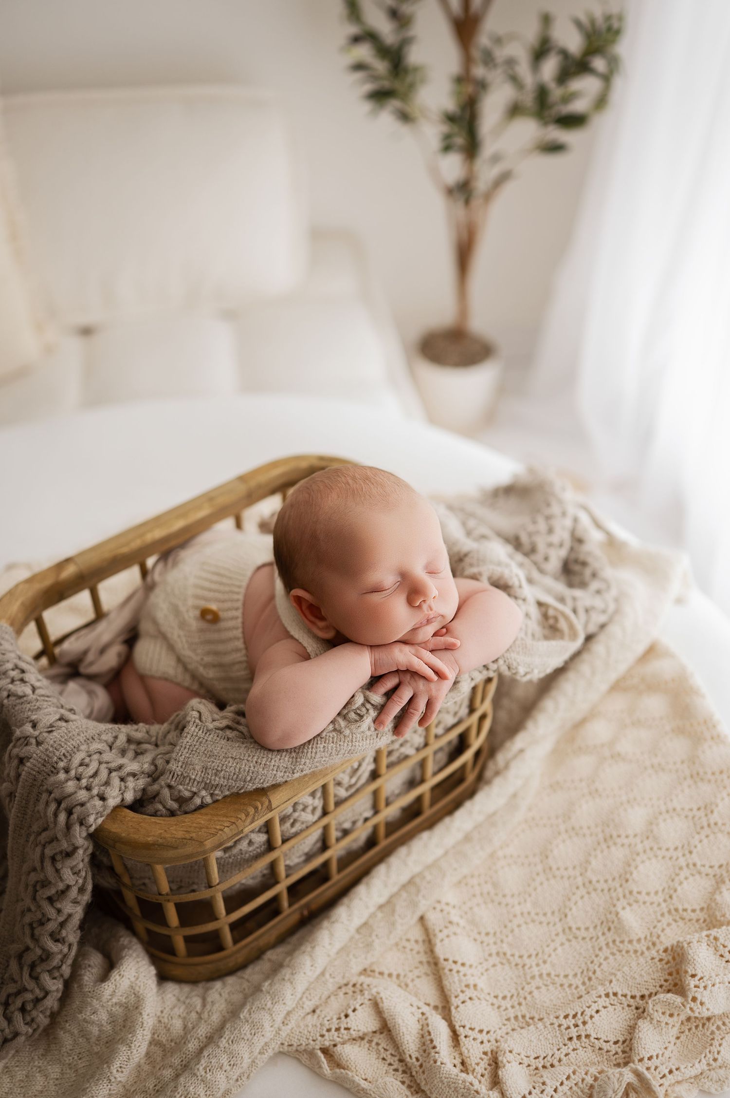 A sleeping newborn rests peacefully in a vintage wooden sled on soft knit blankets in a bright, airy setting.