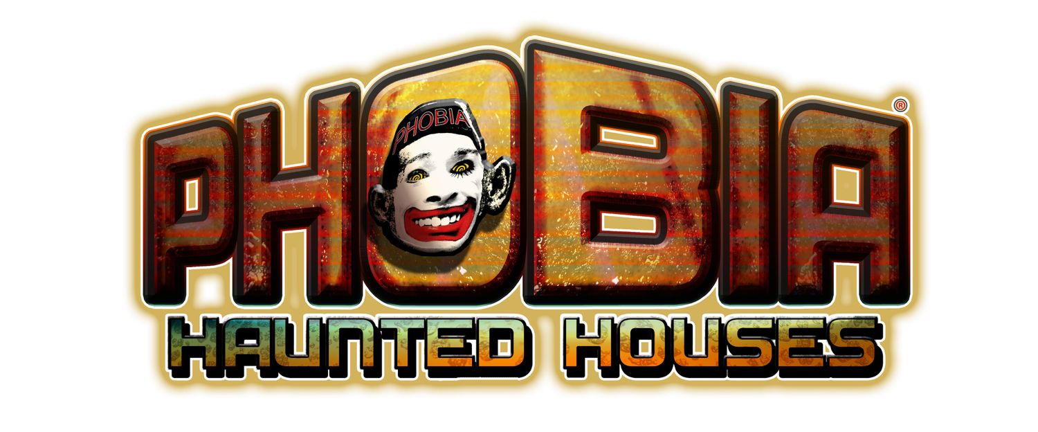 Phobia Haunted Houses logo featuring a creepy clown face with bold stylized text on a dark background.