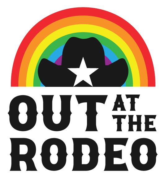 Rainbow-colored text logo design featuring 'OUT AT THE RODEO' with star accents and black silhouettes.