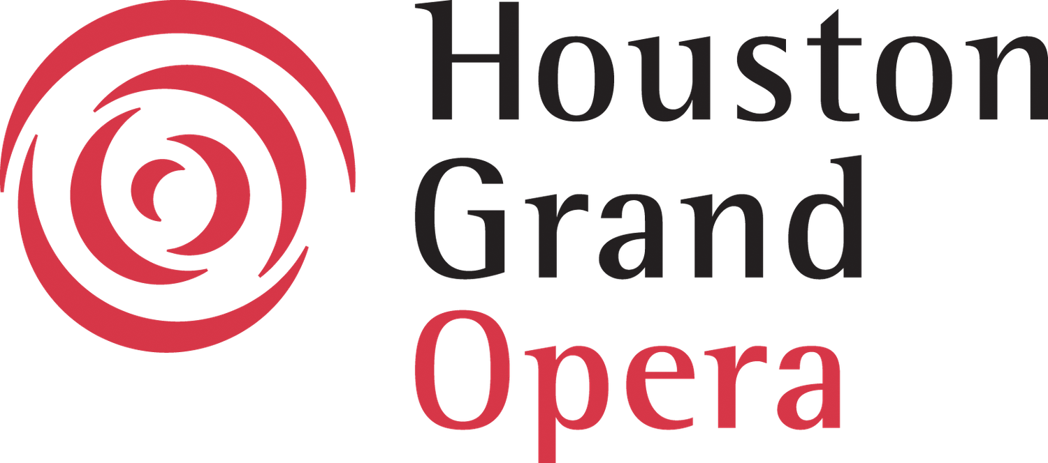 Black and red logo for the Houston Grand Opera featuring a red spiral design element with text.