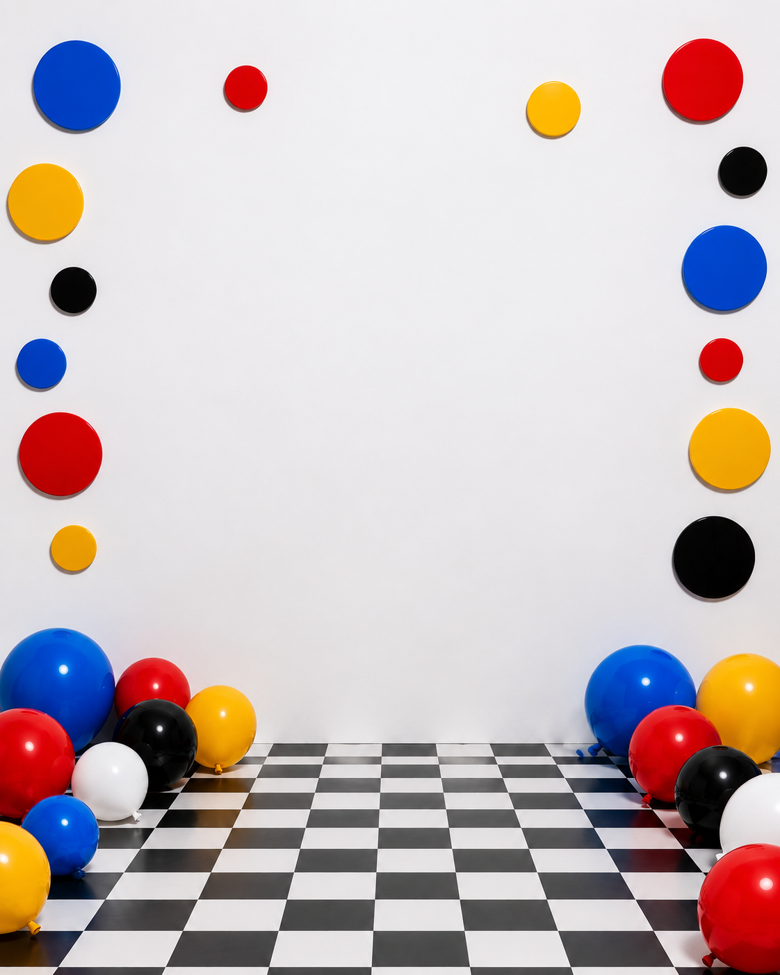 Colorful red, blue, yellow, and black circle wall art and balloons frame a black and white checkered floor.