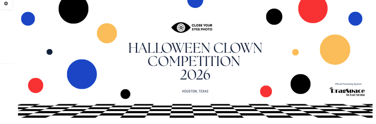 Banner for Halloween Clown Competition 2026 in Houston, Texas, featuring colorful circles and a black-and-white checkered pattern.