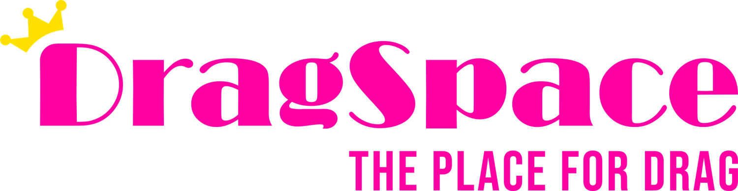 Pink neon sign displaying DragSpace logo with crown symbol and tagline 'THE PLACE FOR DRAG' against dark background.