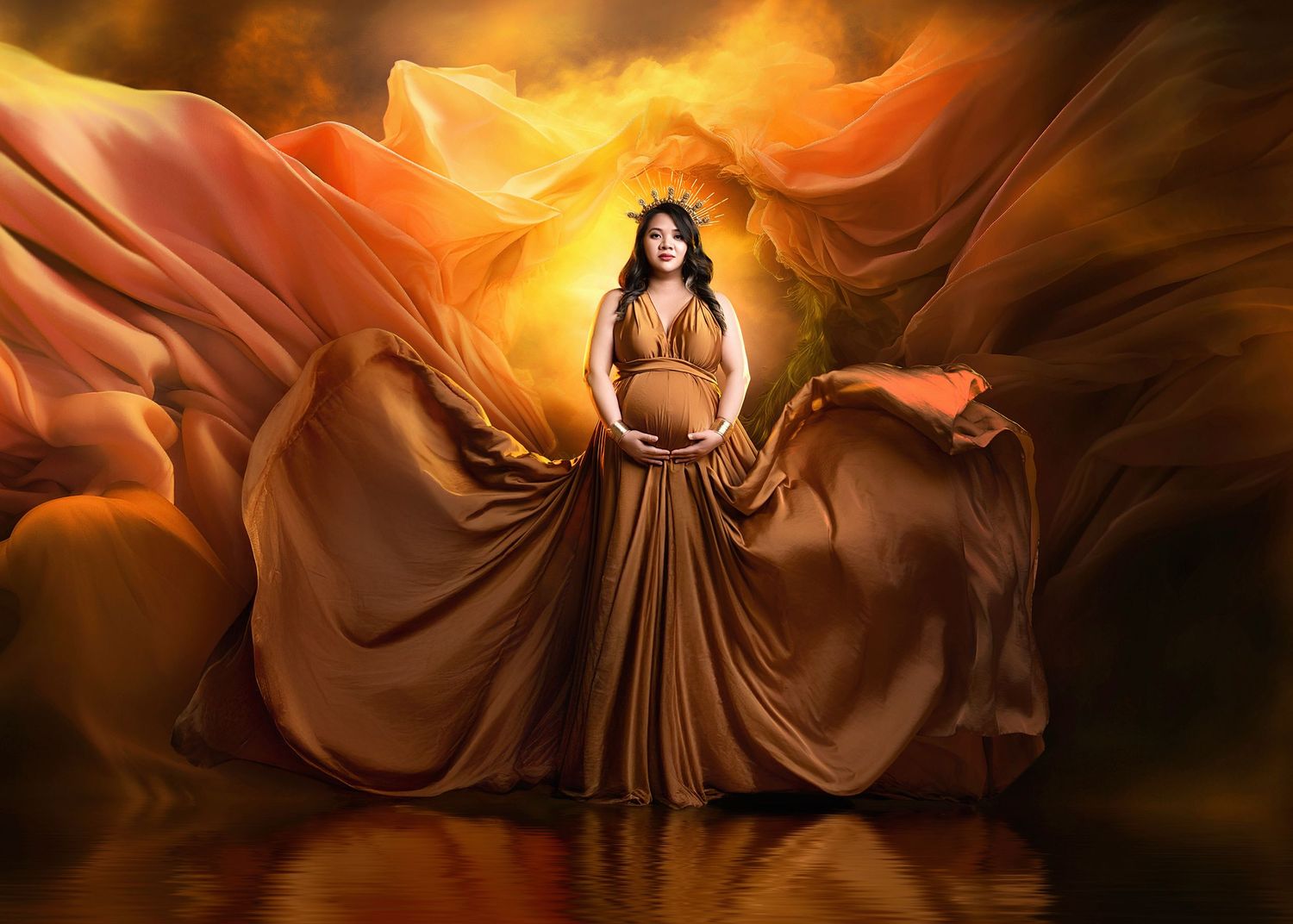 Surreal portrait of a figure in flowing brown dress against dramatic orange smoke and flame-like background effects.