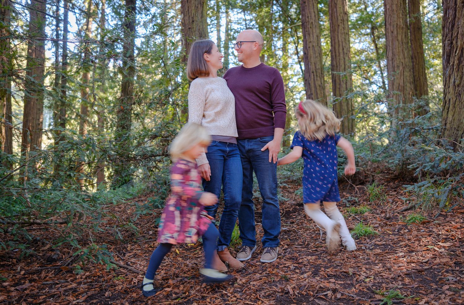 A group walks together on a forest trail covered in fallen autumn leaves among tall evergreen trees.