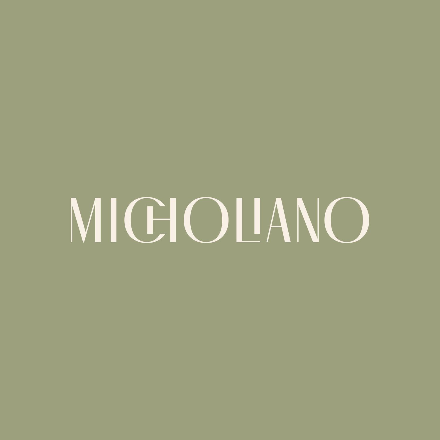 Micholiano brand logo in cream text on a sage green background, featuring elegant serif typography.