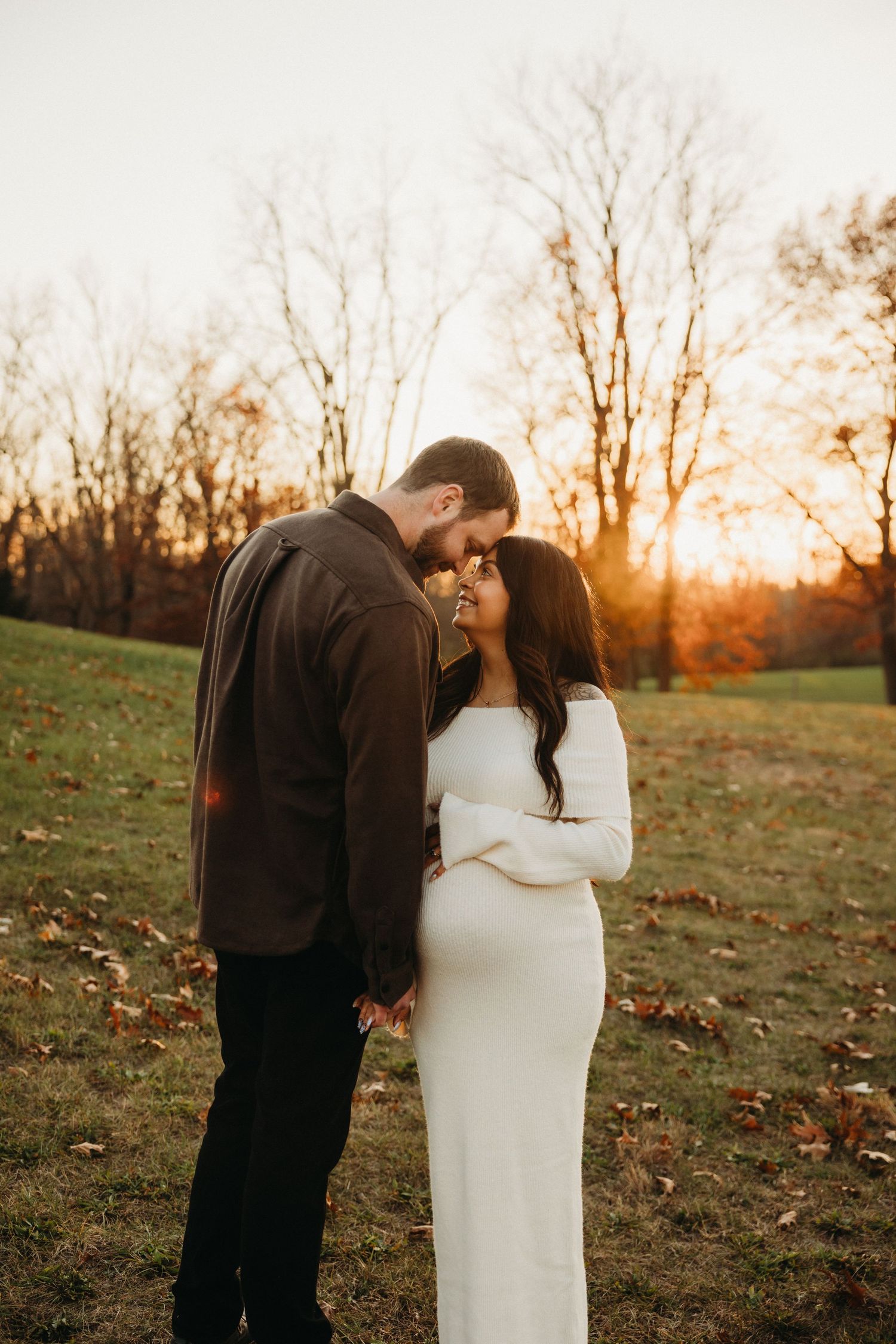 Romantic sunset photoshoot sequence showing couple in white dress and dark jacket.