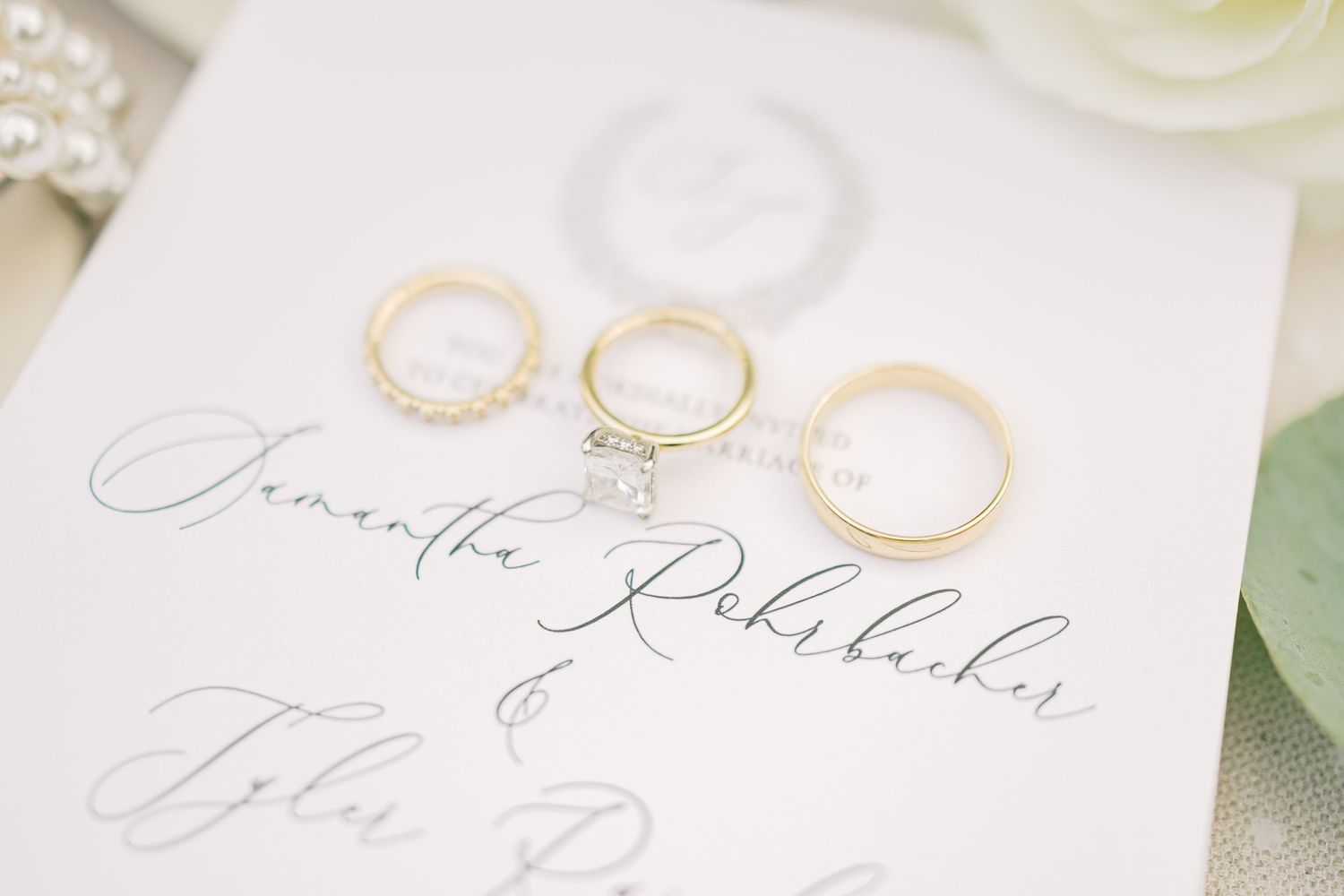 Sam and Tyler's rings and wedding invitation suite for their summer wedding at the Saratoga National in Saratoga Springs