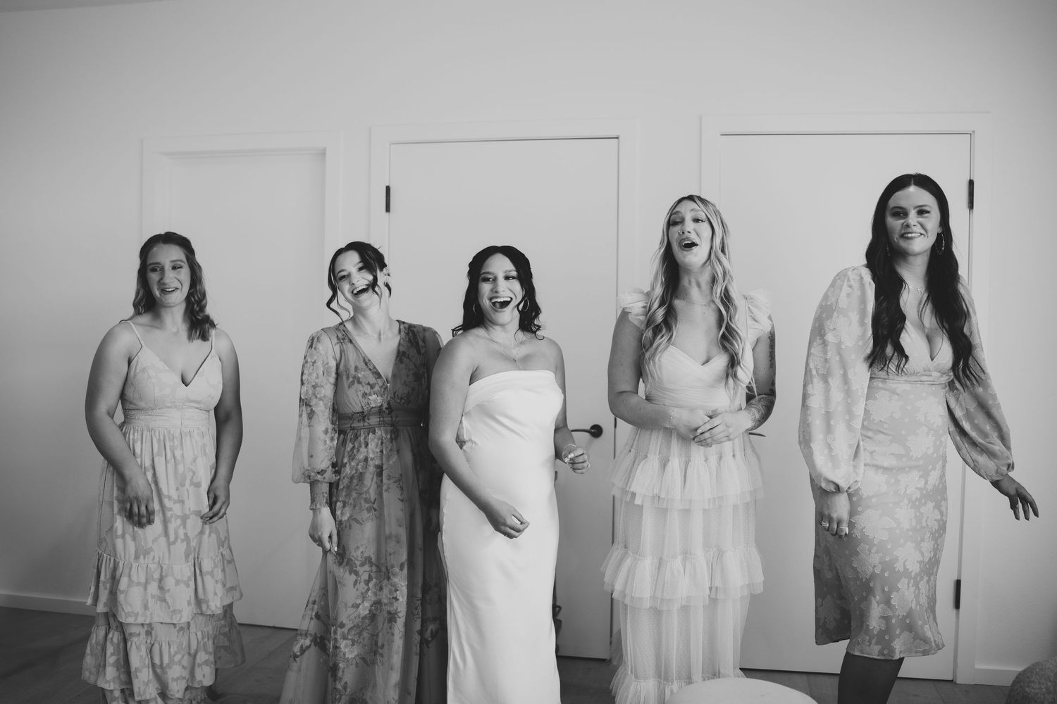 A black and white photo collage shows people in white dresses posing against a light background.