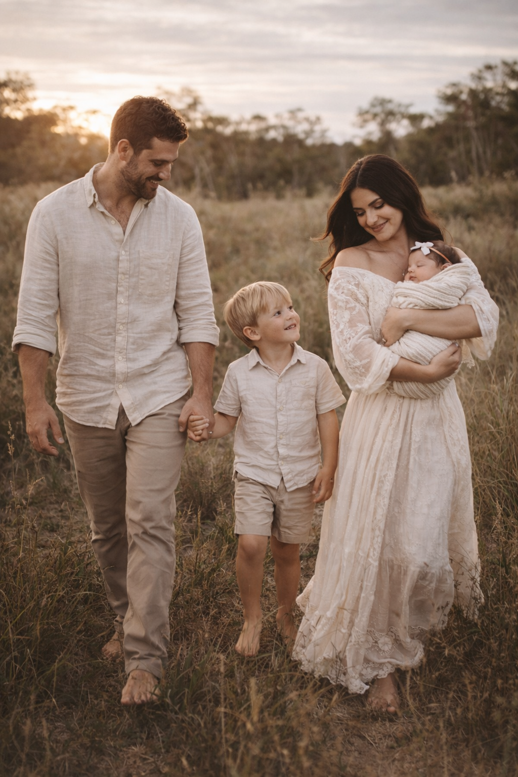 A family dressed in neutral tones walks together through a golden field at sunset.