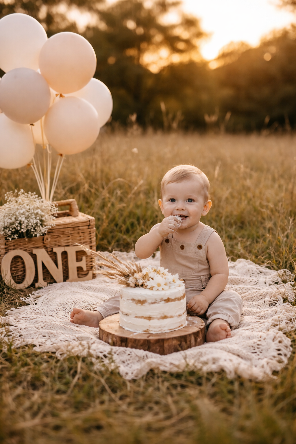 First birthday setup with white balloons, lace blanket, and rustic cake in outdoor field setting.