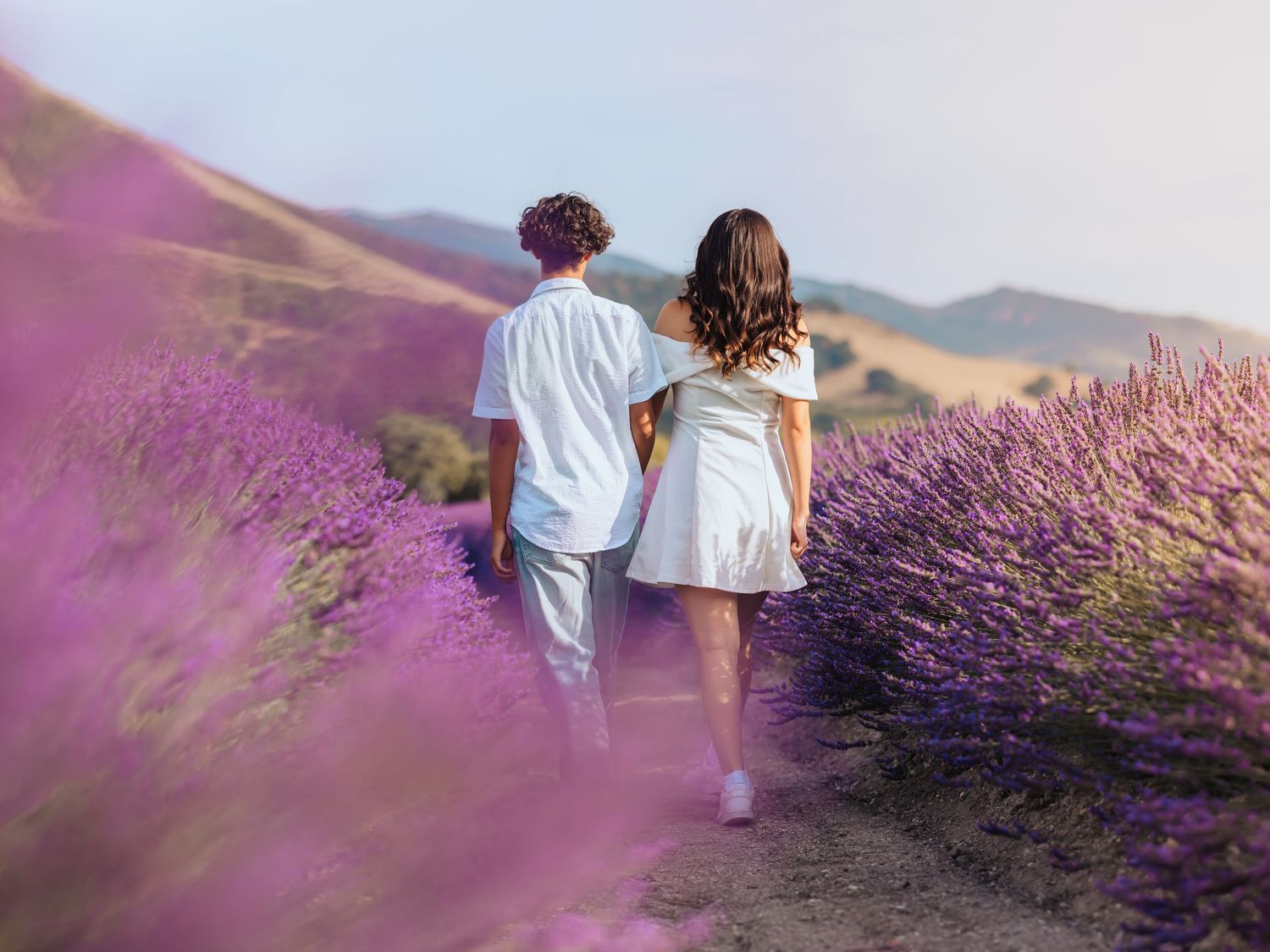 Couple walking hand in hand through vibrant purple lavender fields with rolling hills in the background.