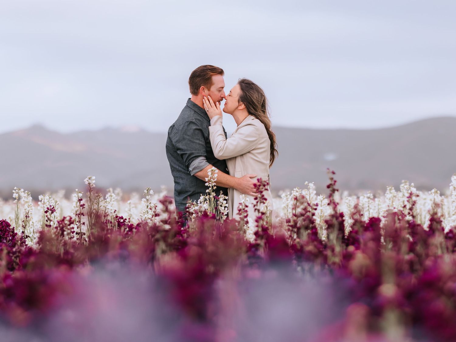 Couple kissing romantically in a vibrant purple flower field with mountains in the background.