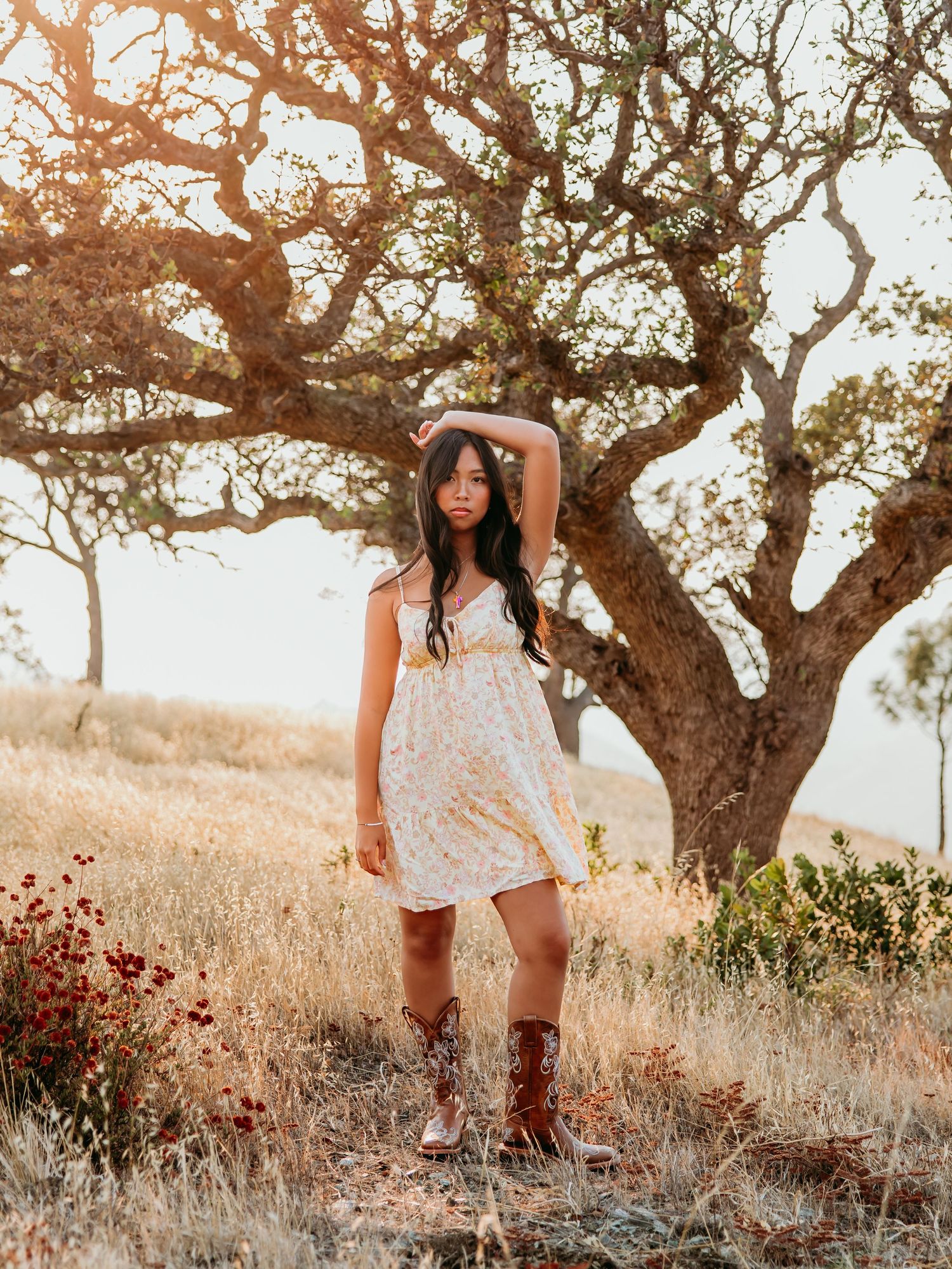 Woman in floral mini dress and brown cowboy boots poses in golden field beside oak tree at sunset.