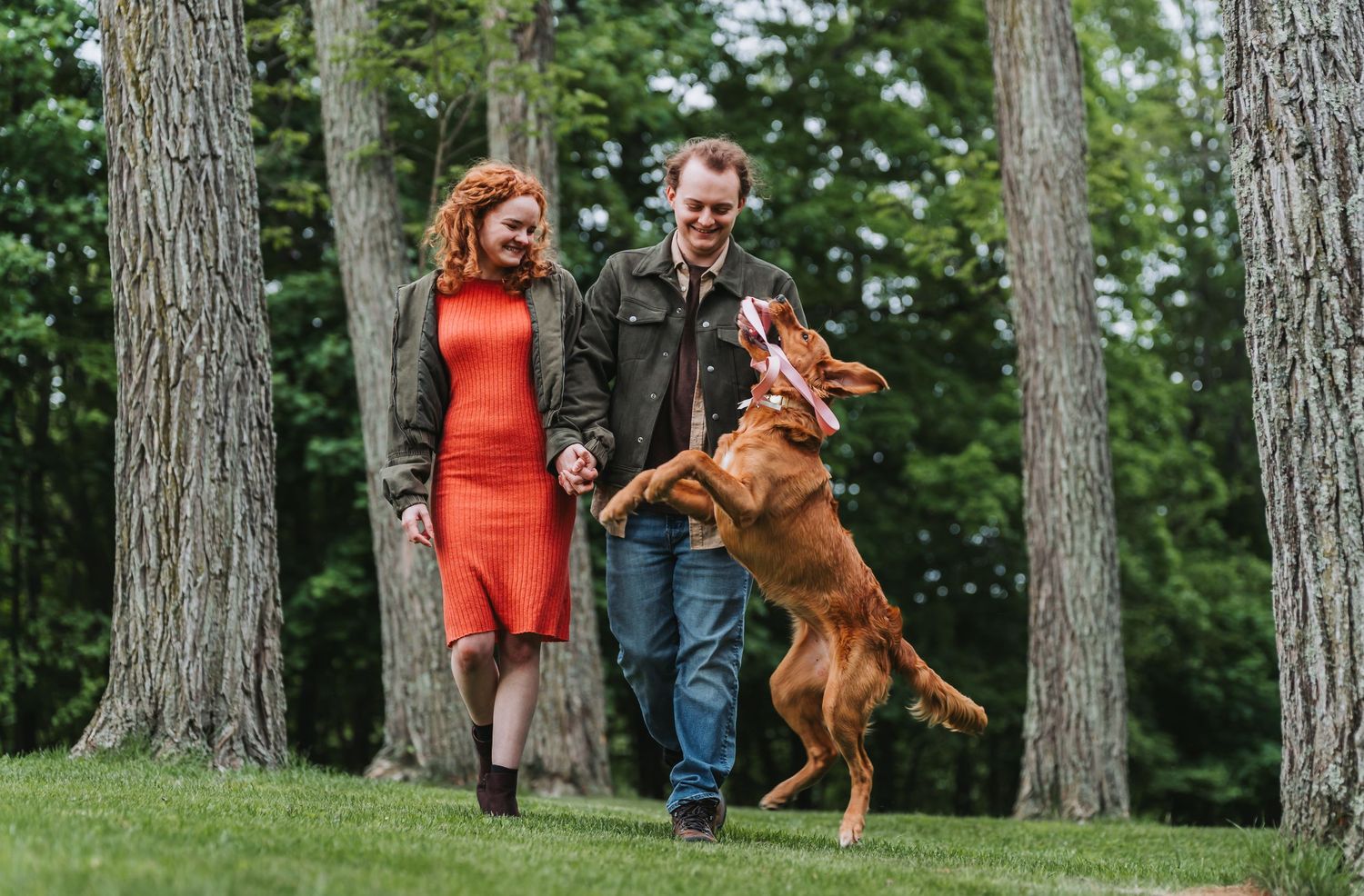 A joyful couple walks with a leaping brown dog in a lush green park surrounded by tall trees.
