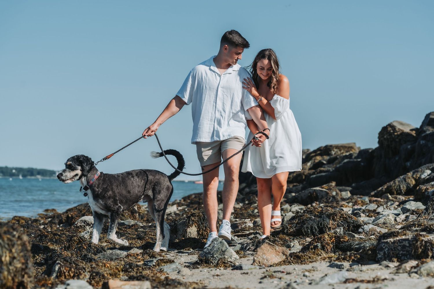 Couple in white outfits walking a gray dog on a rocky beach shoreline on a sunny day.