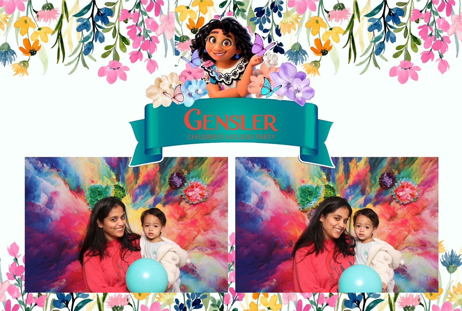 Colorful Encanto-themed birthday photo booth with floral border, teal banner reading Gensler, and two guests posing with balloons.