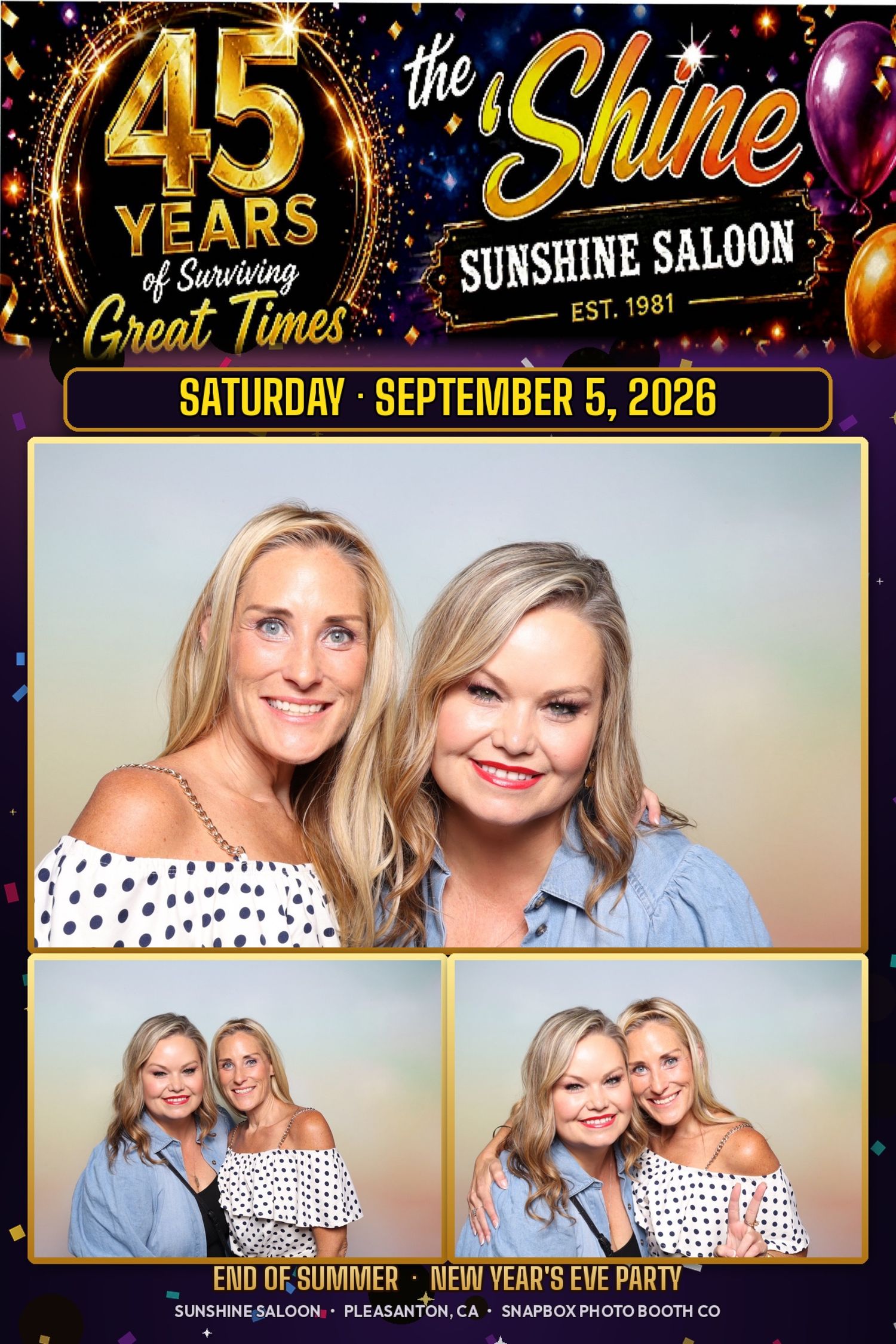 Two women pose together at Sunshine Saloon's 45th anniversary party photo booth in Pleasanton, CA, September 2026.