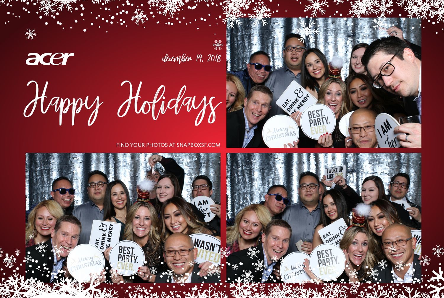 Acer Happy Holidays office party photo booth with group of smiling employees holding festive signs, December 2018.