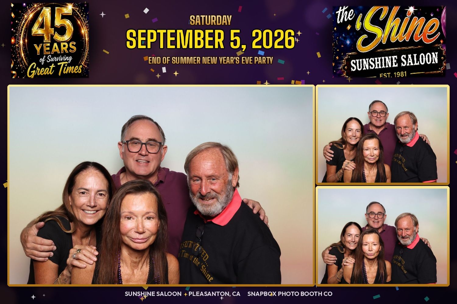 Group photo at Sunshine Saloon 45th anniversary party September 2026 in Pleasanton.