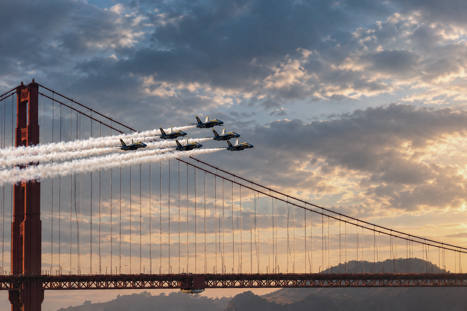 Original 2005 photo of the Blue Angels over the Golden Gate. Sunset sky and lighting added with AI.