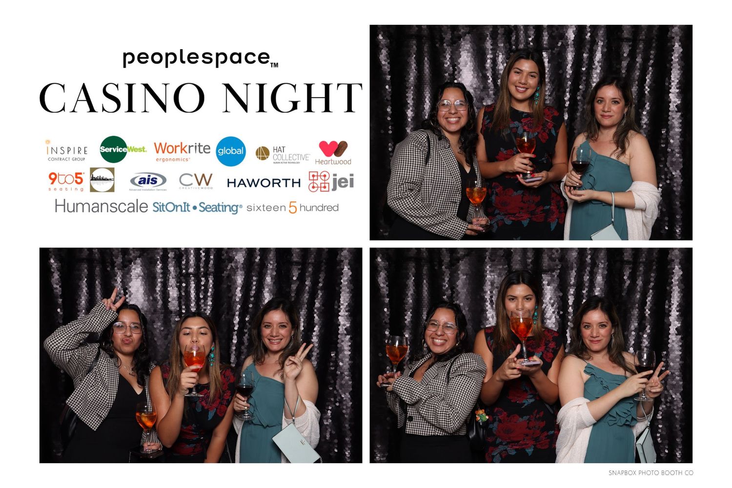 Three women smile and pose with drinks at a Peoplespace Casino Night event in front of a silver sequin backdrop.