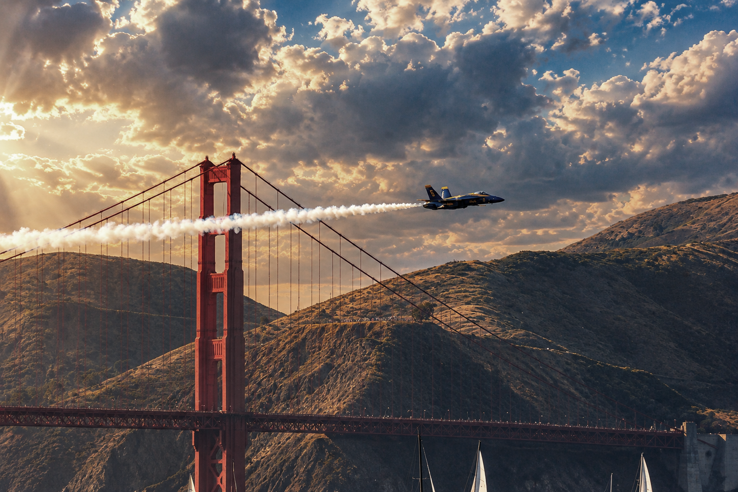 A single Blue Angel over the bridge, from my 2005 shoot. Sky and golden light reimagined with AI.