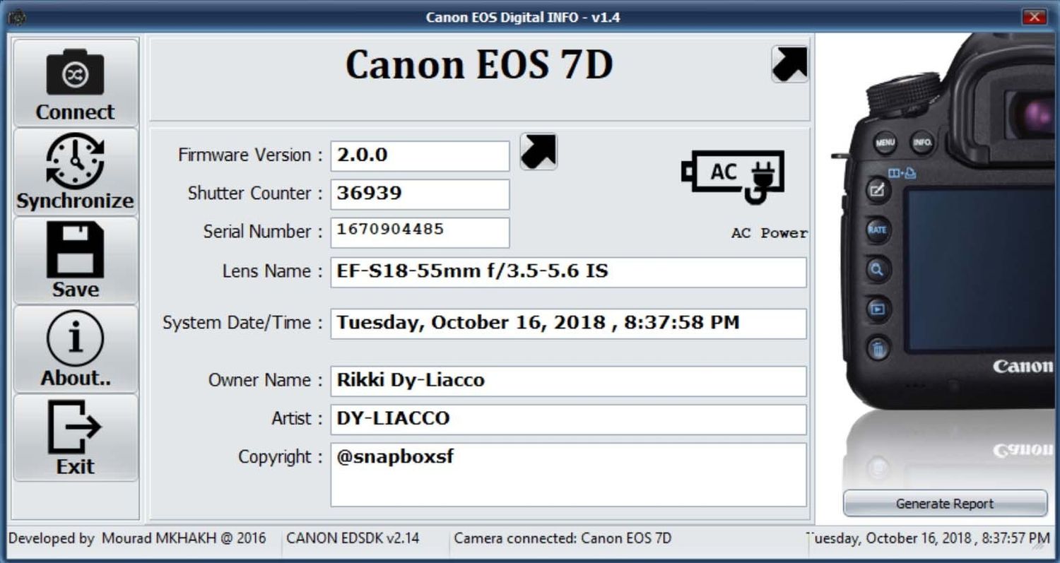 Canon EOS 7D camera firmware version 2.0.0 settings displayed in Canon EOS Digital Info software on a computer screen.