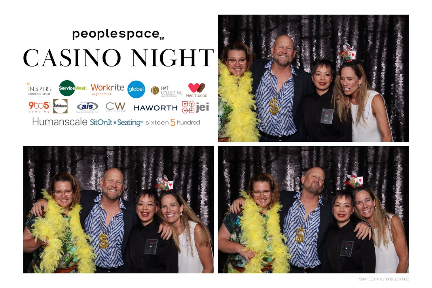 A group of friends pose for photos at a Casino Night event hosted by Peoplespace, featuring festive attire and sponsor logos.